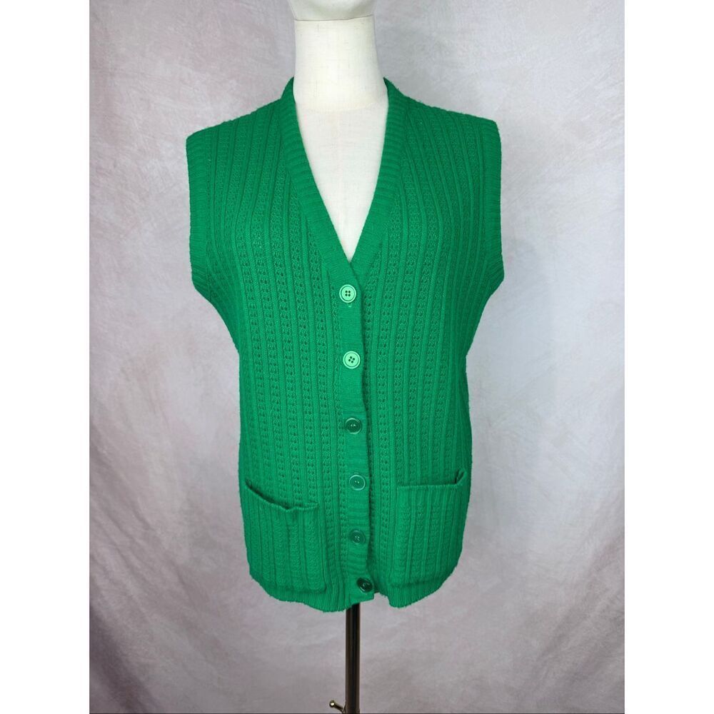 Vintage 1970s Green Knit Vest Sweater Dotty Mann Size Medium